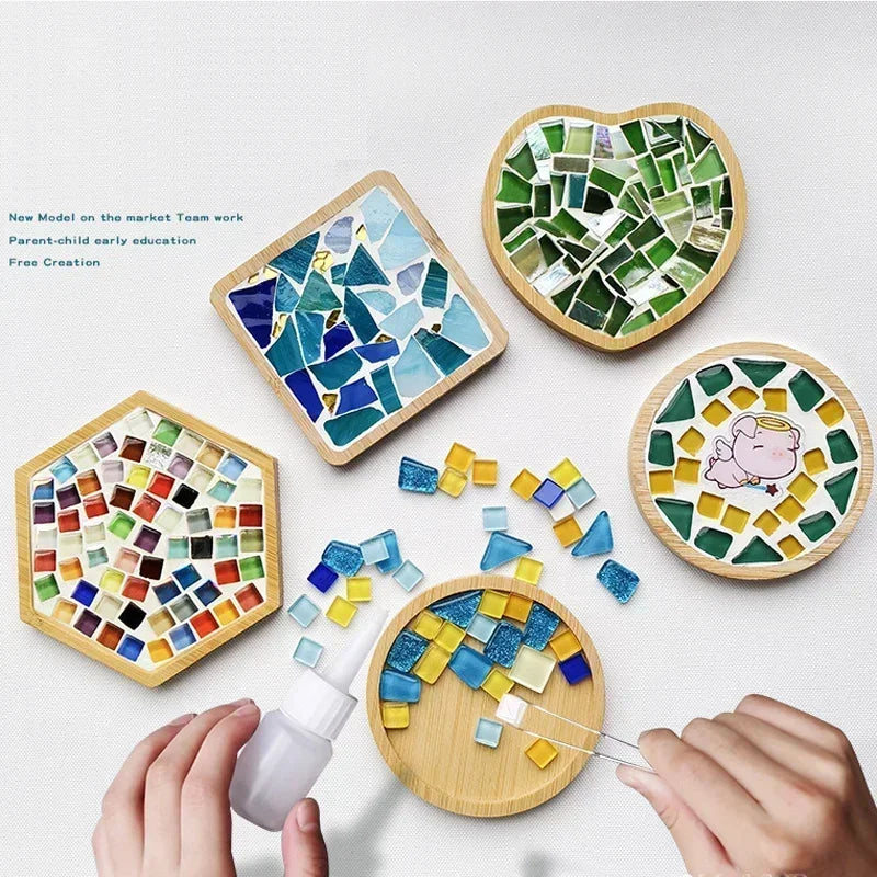 Handmade DIY Mosaic Cup Mat – Bamboo Pad Heart & Square Coaster for Parent-Child Early Education Crafting