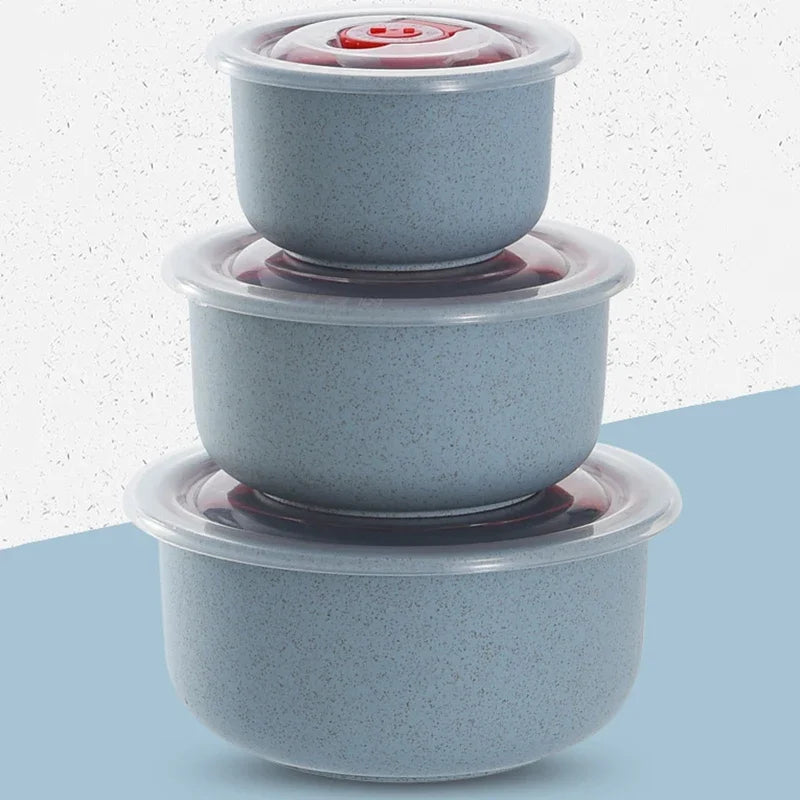 3PCS Wheat Straw Fresh-Keeping Bowl Set – Microwaveable Plastic Round Lunch Box with Lid