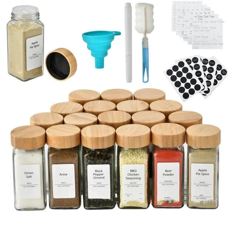 Glass Spice Jars with Bamboo Lids – Spice Seasoning Containers, Salt & Pepper Shakers, Spice Organizer Set