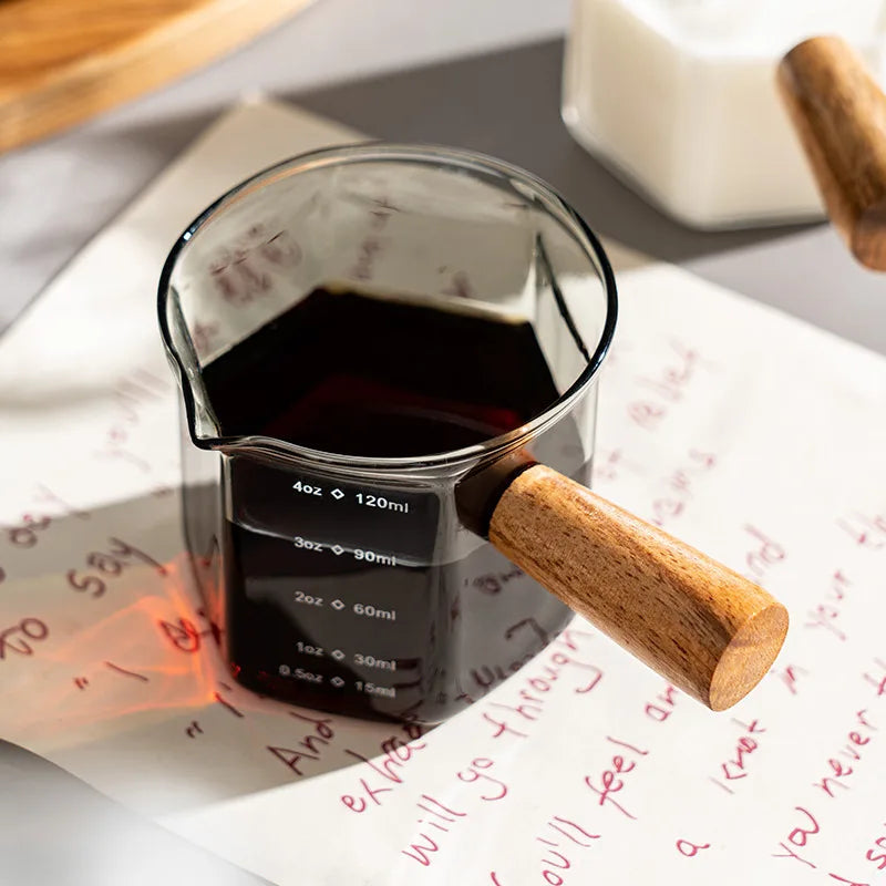 120ml Glass Espresso Measuring Cup – Hexagon Milk Jug with Wood Handle for Coffee, Sauce, and Serving