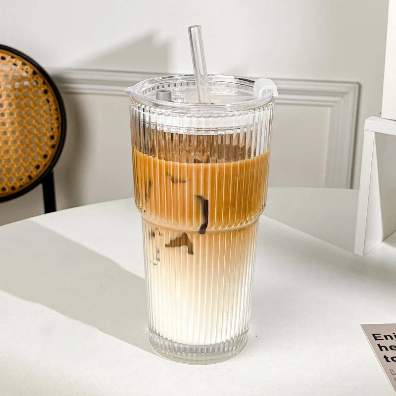 600ML Stripe Glass Coffee Cup with Lid and Straw – Transparent Drinking Glass for Juice, Milk, Tea, and Iced Coffee