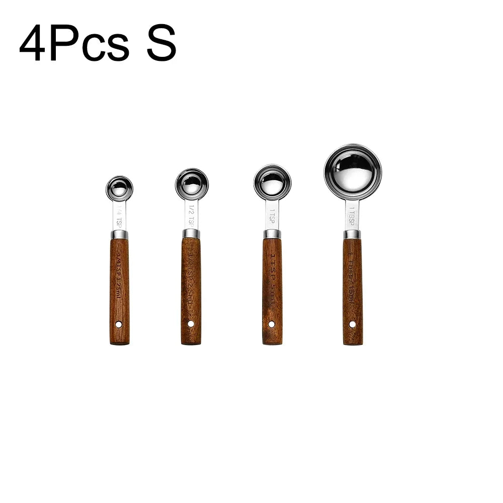 1/4/8PCS Measuring Cup Spoon Set – Stainless Steel with Wooden Handle, Coffee, Flour, Bartending & Kitchen Cooking Gadget