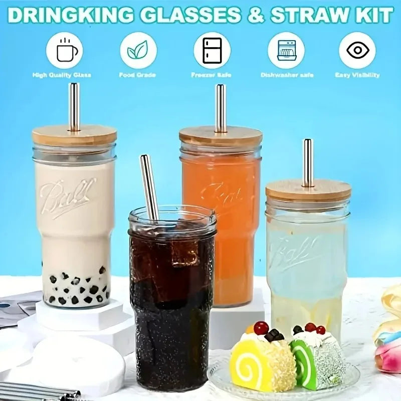 750ML Glass Cup with Wooden Lid and Straw – Bubble Tea, Cold Drinks, Coffee, Juice, Milk, and More