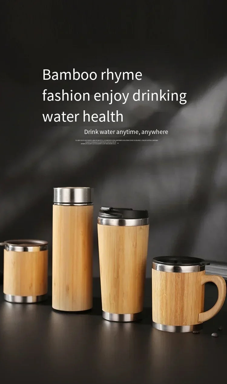 Stainless Steel Bamboo Thermos – 16oz Vacuum Insulated Water Bottle with Flip Lid