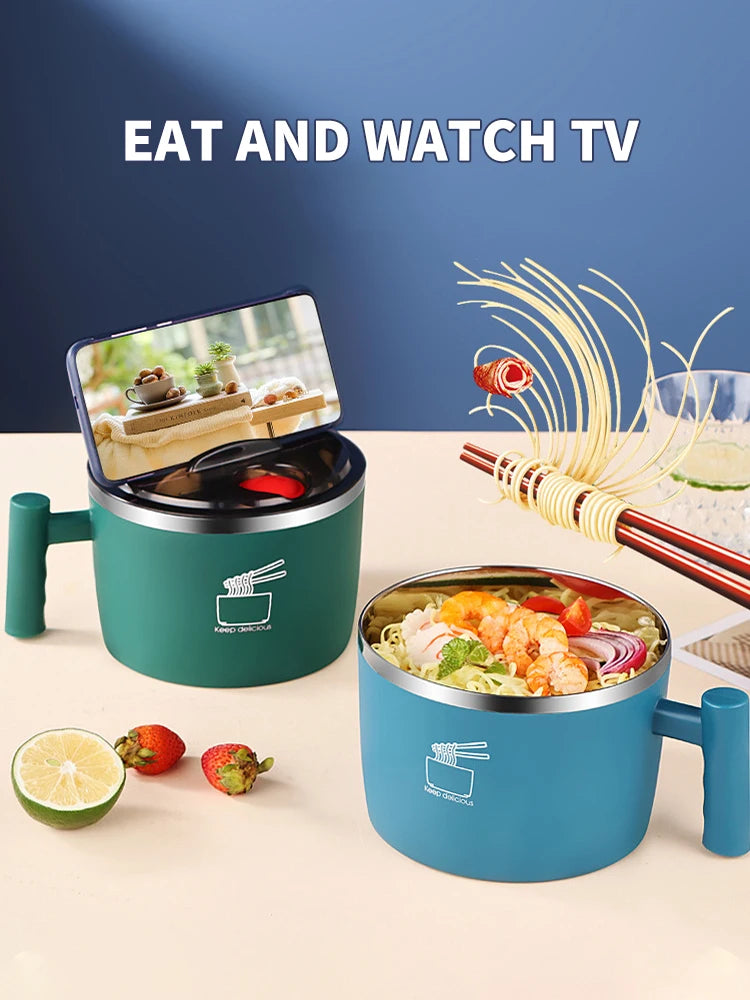 Stainless Steel Bowl with Lid – Sealed, Portable Drain Bowl for Instant Noodles