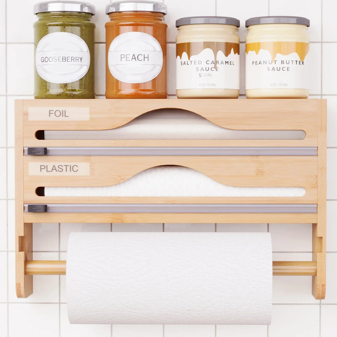 Bamboo Compartment Cling Film and Tin Foil Cutter Box – Wall-Mounted Paper Towel and Kitchen Organizer