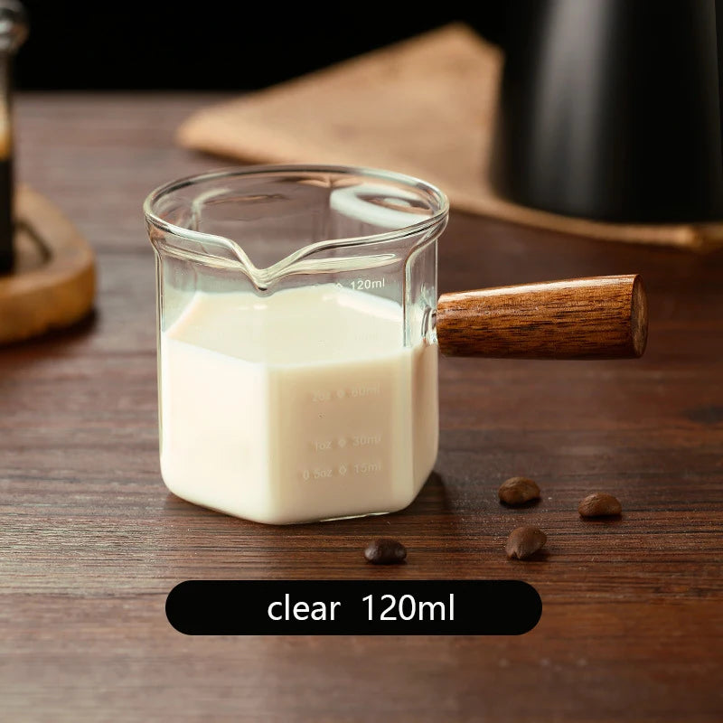 120ml Glass Espresso Measuring Cup – Hexagon Milk Jug with Wood Handle for Coffee, Sauce, and Serving