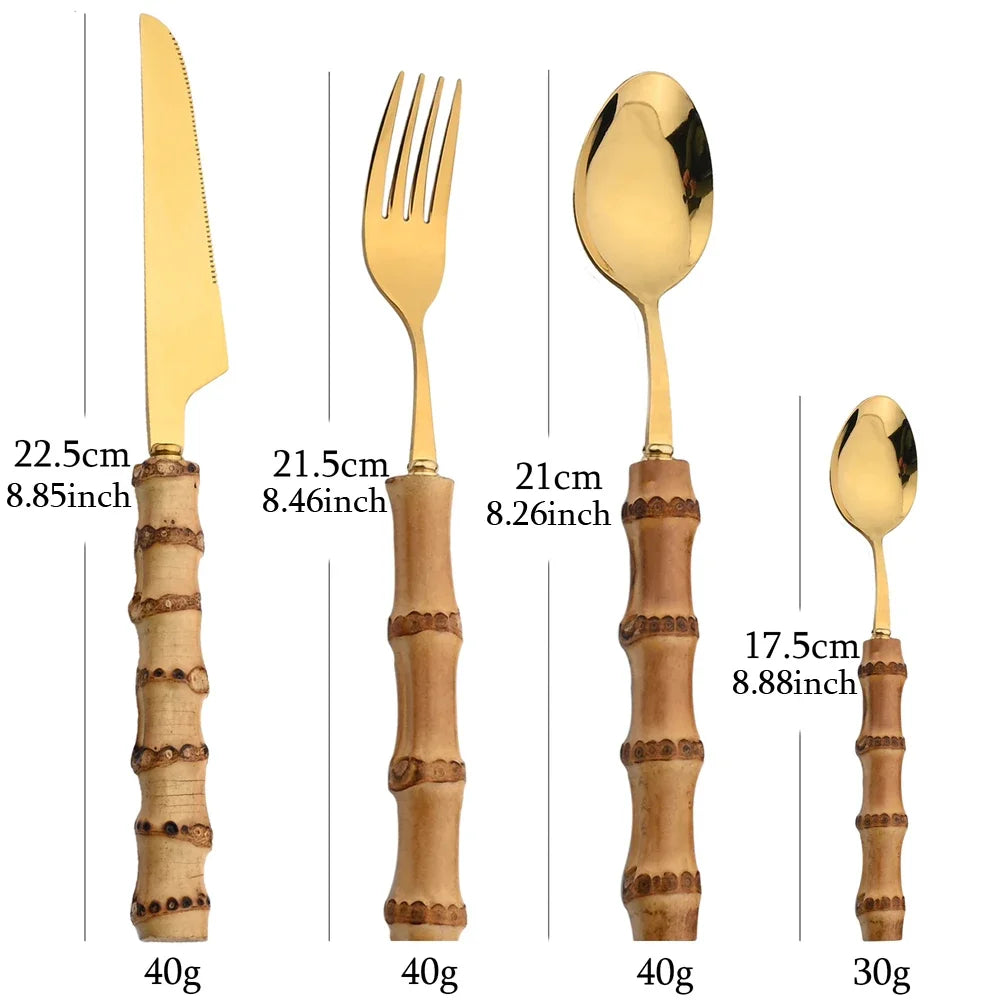 24-Piece Bamboo Tableware Set – Stainless Steel Cutlery with Natural Bamboo Handles, Flatware Set with Steak Knives