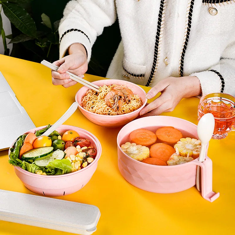 Microwave Ramen Bowl Cooker Set – Wheat Straw Instant Noodles Bowl with Handles, Includes Spoon, Chopsticks, and Fork