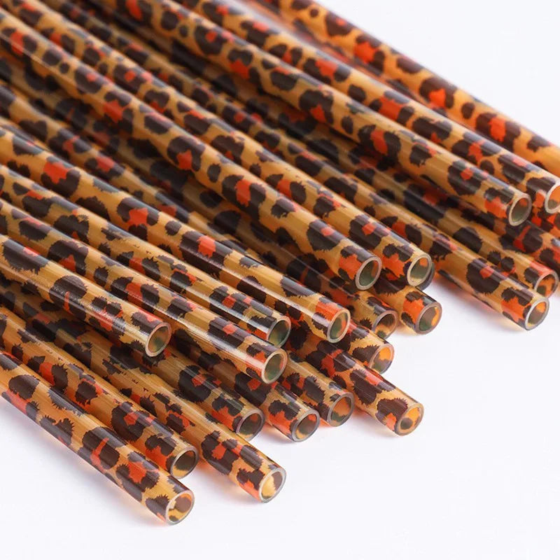 10/20pcs Reusable Leopard Print Plastic Straws – 230mm with Cleaning Brush