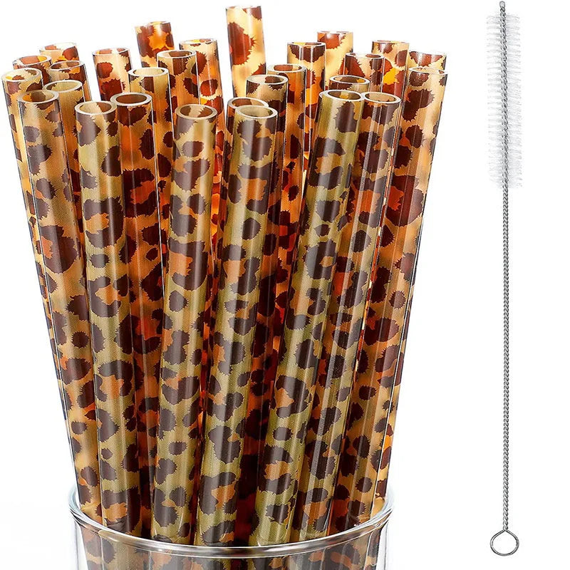 10/20pcs Reusable Leopard Print Plastic Straws – 230mm with Cleaning Brush
