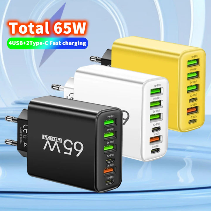 65W Multi-Port USB-C Charger – 6-Port Fast Charging Adapter with QC3.0 for iPhone, Samsung, Xiaomi