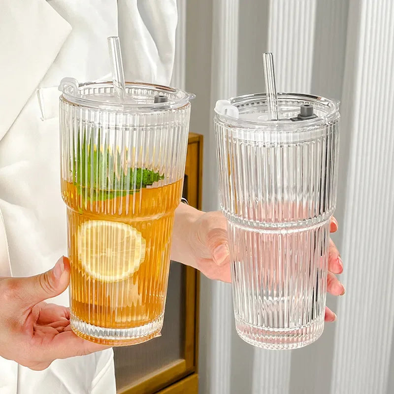 600ML Stripe Glass Coffee Cup with Lid and Straw – Transparent Drinking Glass for Juice, Milk, Tea, and Iced Coffee