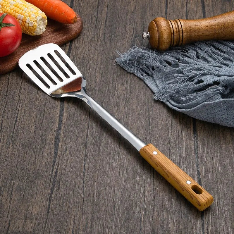 Stainless Steel Imitation Wood Grain Handle Spatula – Leaky Shovel Spoon, Set of 5 Kitchen Tools for Cooking