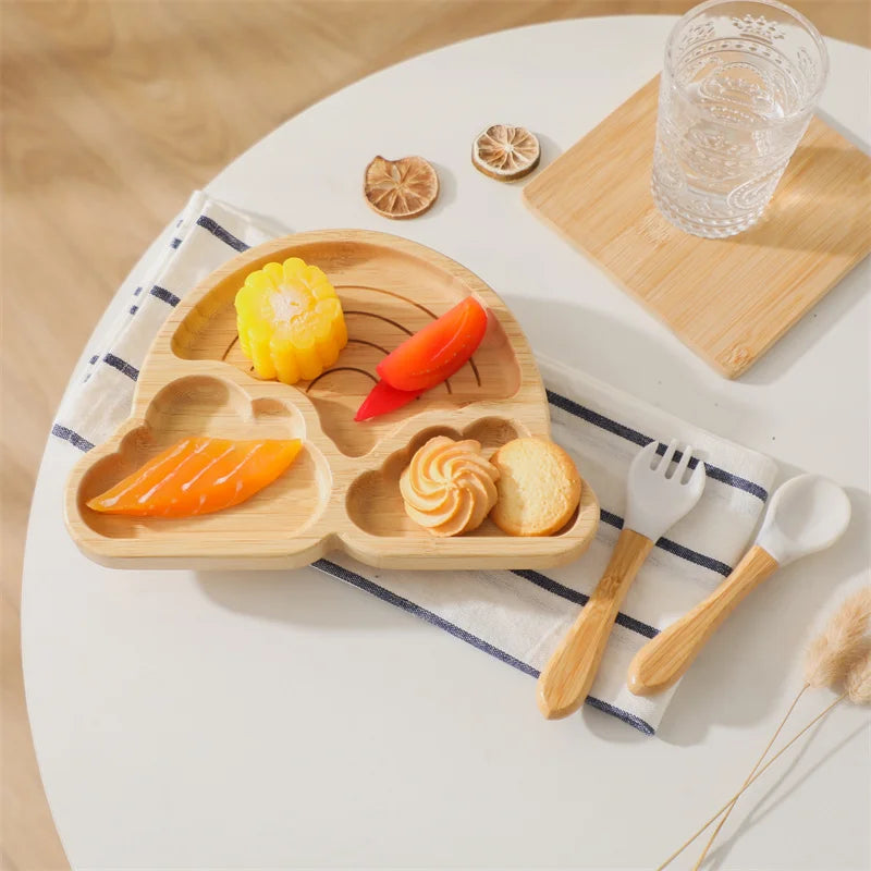 Baby Wooden Tableware Set - Bamboo Plate, Bowl, Fork & Spoon