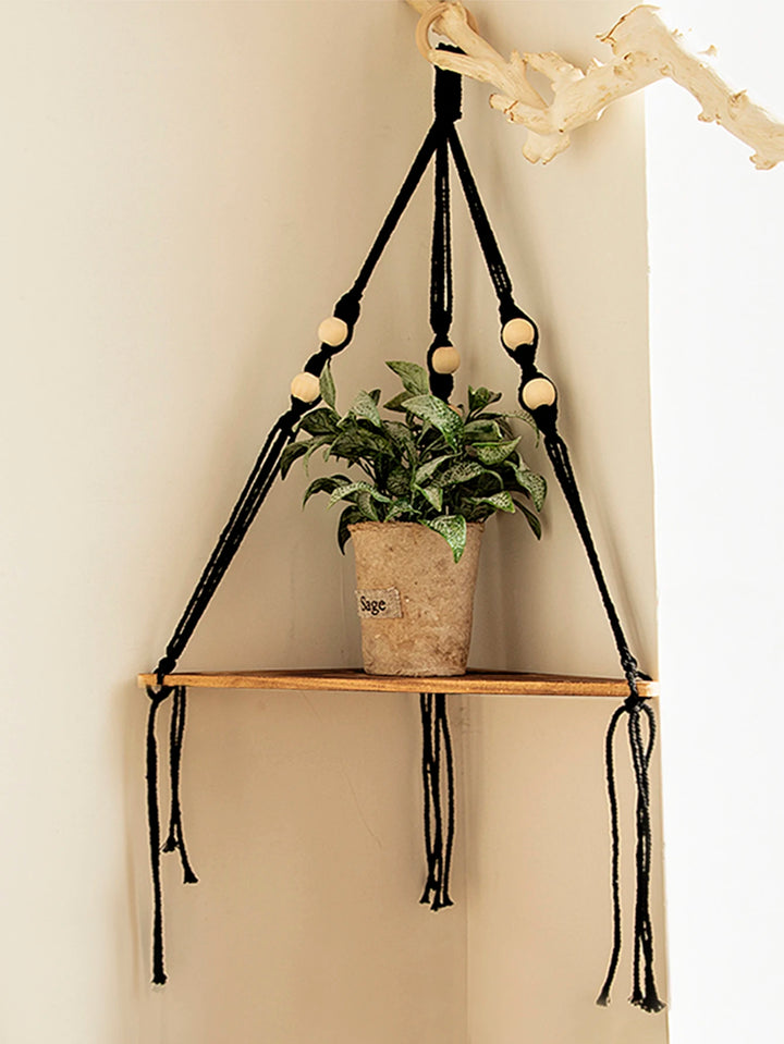 Wooden Corner Macramé Shelf – Boho Wall Display Stand for Plants & Home Décor