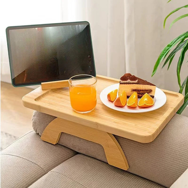 Bamboo Clip-On Sofa Tray Table with Phone Holder