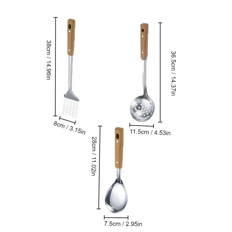 Stainless Steel Imitation Wood Grain Handle Spatula – Leaky Shovel Spoon, Set of 5 Kitchen Tools for Cooking