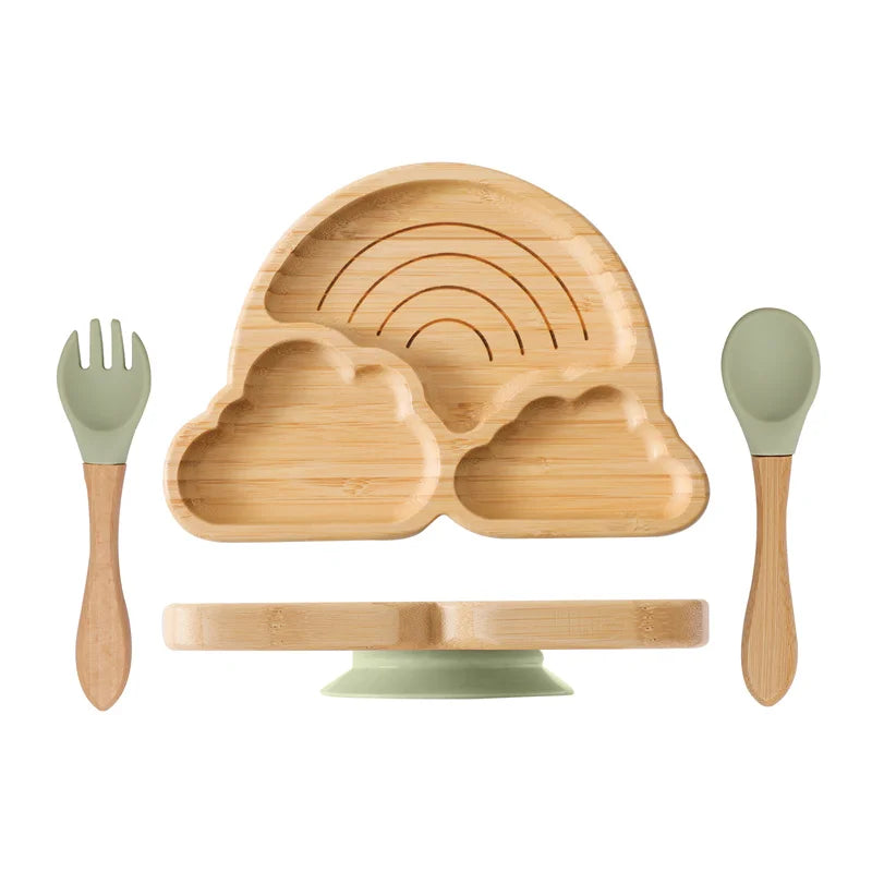 Baby Wooden Tableware Set - Bamboo Plate, Bowl, Fork & Spoon