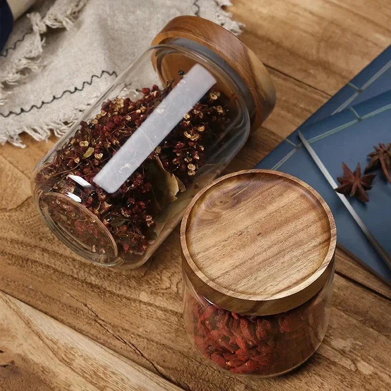 Wood Lid Glass Airtight Canister – Kitchen Storage Jar Set