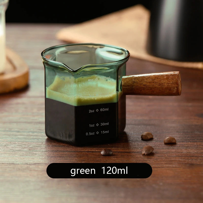 120ml Glass Espresso Measuring Cup – Hexagon Milk Jug with Wood Handle for Coffee, Sauce, and Serving