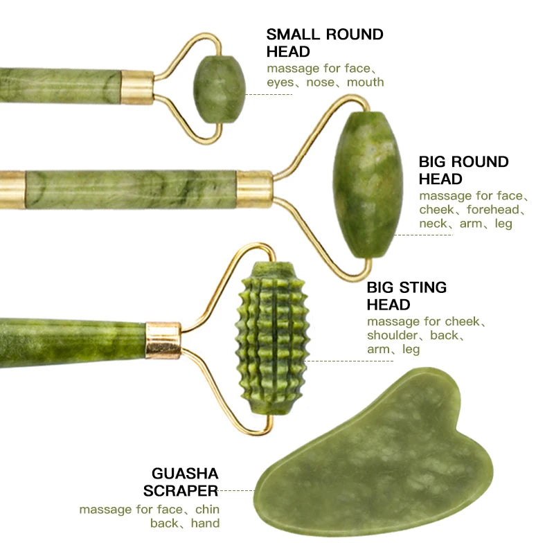Rose Quartz Powder Crystal Jade Roller & Gua Sha Set – Natural Stone Beauty Tool for Facial Lift