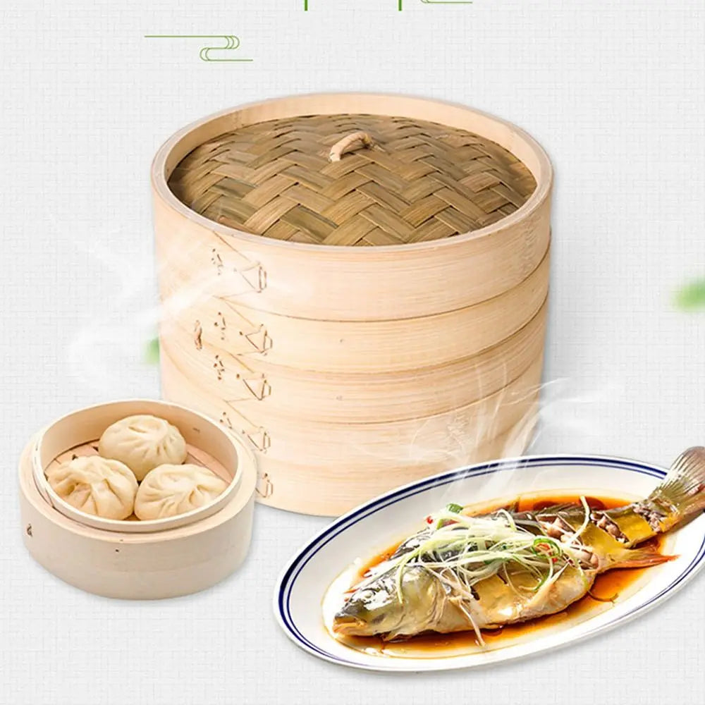 Bamboo Steamer Basket with Lid for Dumplings & Bao Buns