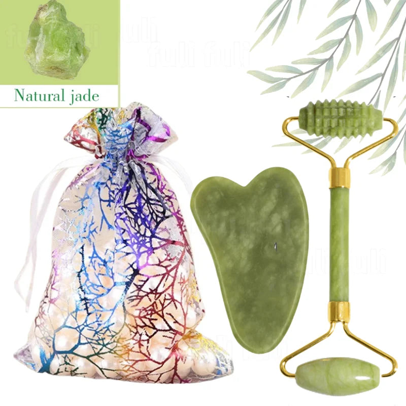 Rose Quartz Powder Crystal Jade Roller & Gua Sha Set – Natural Stone Beauty Tool for Facial Lift