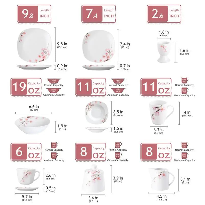 Porcelain Dinnerware Set – White Dish Set with Pink Floral Design for 4/6 People