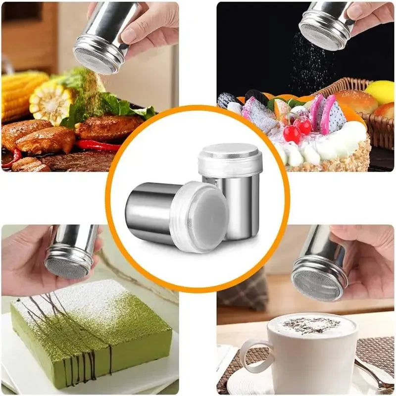Stainless Steel Cocoa, Flour & Coffee Sifter – Flour, Sugar, Icing Mesh Sifter Powder Spreading Tank for Barbecue & Kitchen Supplies