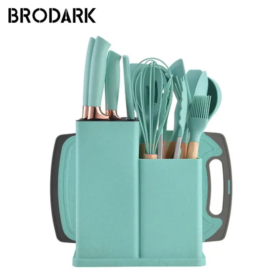 19PCS Food Grade Silicone Kitchenware Set – Cooking Spoons, Shovel, Cutting Board, Knives & More
