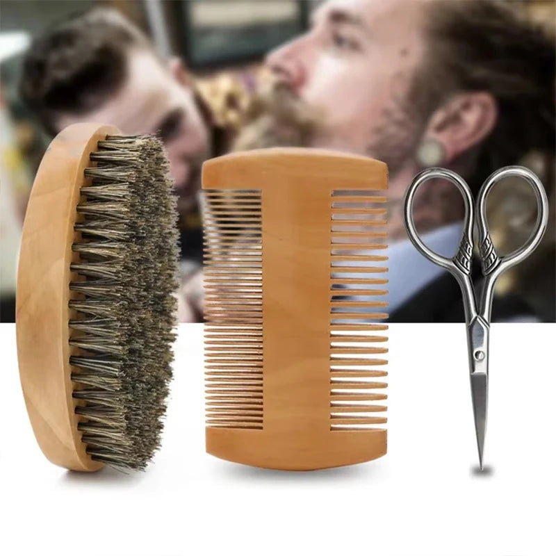Men’s Shaving Brush Set – Boar Bristle Beard Grooming Kit with Comb & Scissors