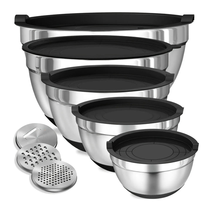 8pcs Stainless Steel Mixing Bowls with Airtight Lids – Set of Black Kitchen Bowls