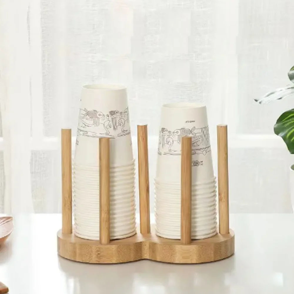 1PC Bamboo Wooden Cup Storage Rack – Creative Round Desktop Holder for Disposable Paper Cups