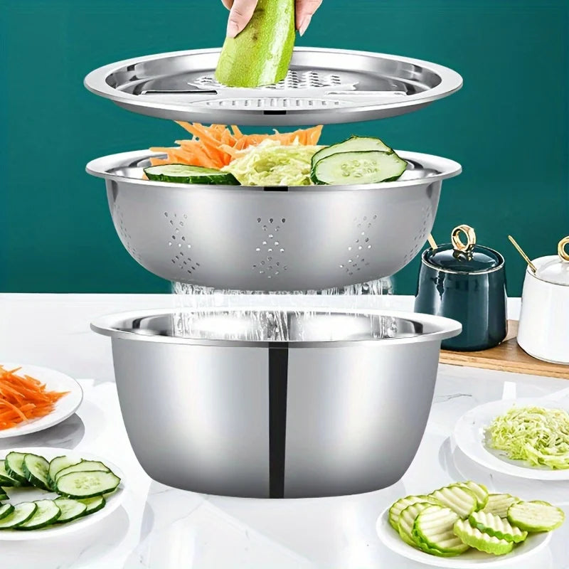 3-Piece Stainless Steel Kitchen Bowl Covers – Multifunctional Mixing Bowl, Planer, Detachable Multi-Layer Slicing Set