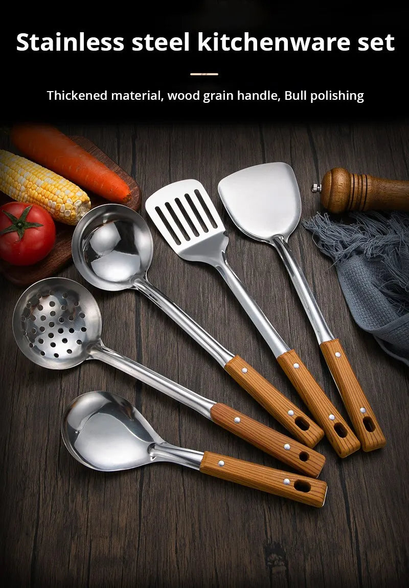 Stainless Steel Imitation Wood Grain Handle Spatula – Leaky Shovel Spoon, Set of 5 Kitchen Tools for Cooking