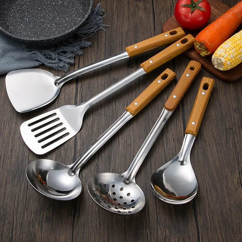 Stainless Steel Imitation Wood Grain Handle Spatula – Leaky Shovel Spoon, Set of 5 Kitchen Tools for Cooking