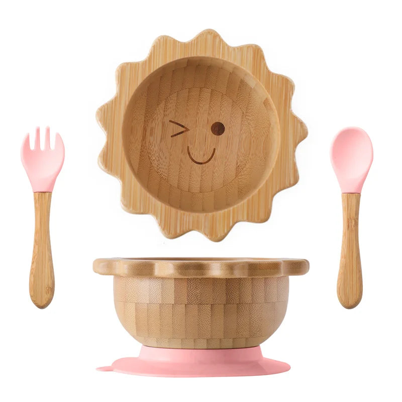 Baby Wooden Tableware Set - Bamboo Plate, Bowl, Fork & Spoon