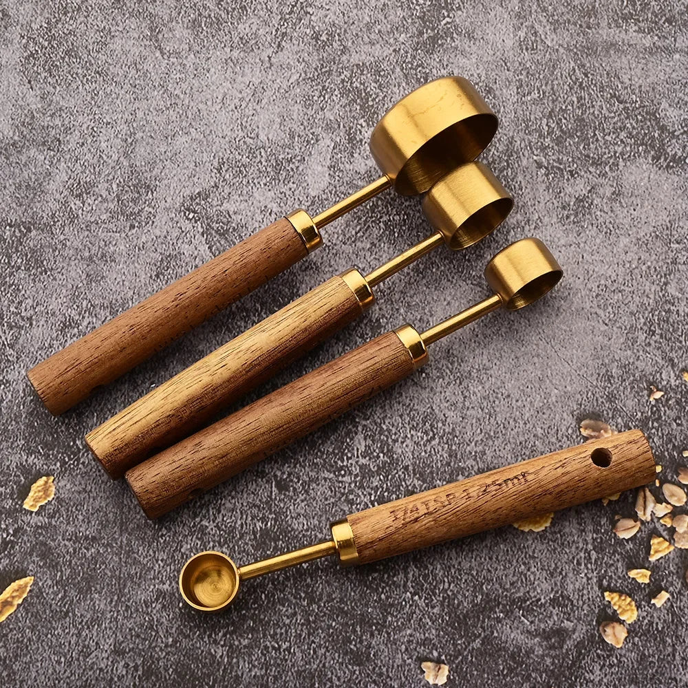 1/4/8PCS Measuring Cup Spoon Set – Stainless Steel with Wooden Handle, Coffee, Flour, Bartending & Kitchen Cooking Gadget