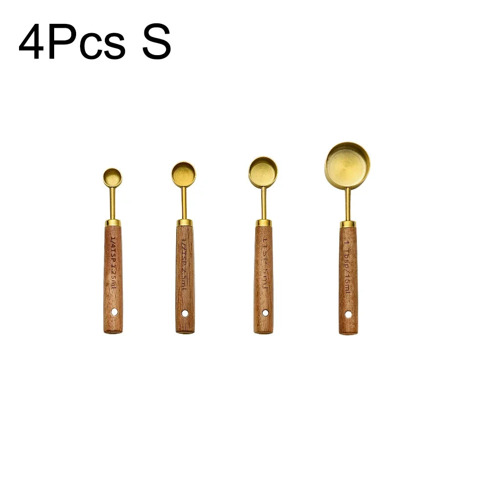 1/4/8PCS Measuring Cup Spoon Set – Stainless Steel with Wooden Handle, Coffee, Flour, Bartending & Kitchen Cooking Gadget