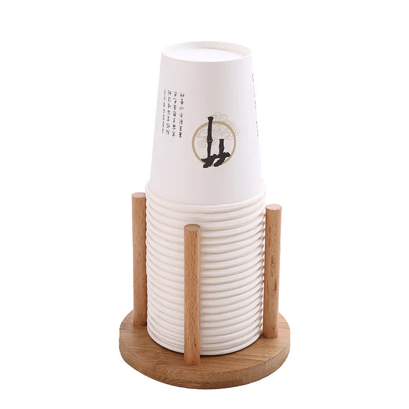 1PC Bamboo Wooden Cup Storage Rack – Creative Round Desktop Holder for Disposable Paper Cups