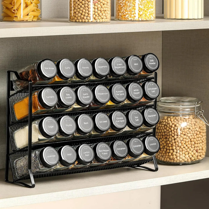 Spice Rack Organizer for Cabinet – 28 Empty Spice Jars with Black Lids