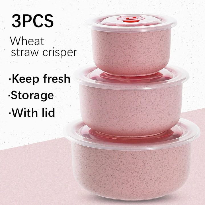 3PCS Wheat Straw Fresh-Keeping Bowl Set – Microwaveable Plastic Round Lunch Box with Lid