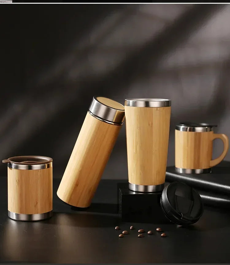 Stainless Steel Bamboo Thermos – 16oz Vacuum Insulated Water Bottle with Flip Lid