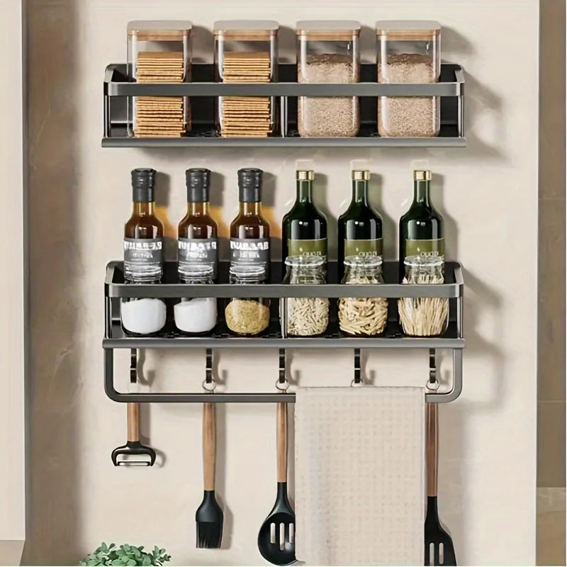 Aluminum Wall-Mounted Shelf – Multifunctional Kitchen Spice Storage Rack, Kitchen Space Management Solution