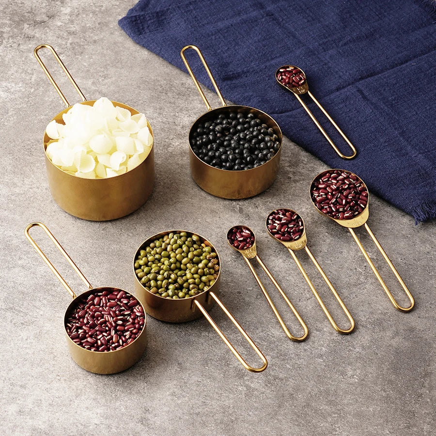 4PCS/8PCS Titanium Gold Stainless Steel Measuring Cup and Spoon Set – Kitchen Thread Handle for Flour, Grains, and Baking