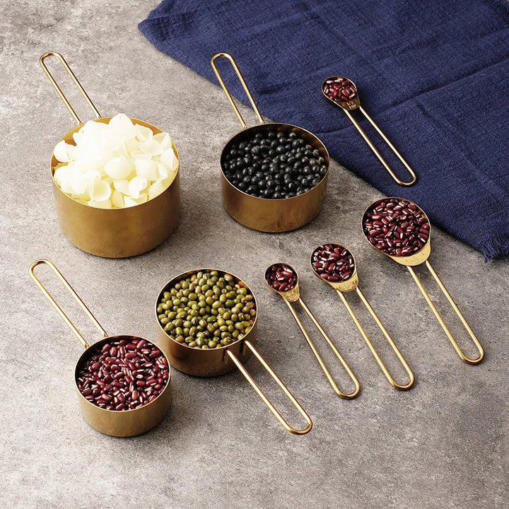 4PCS/8PCS Titanium Gold Stainless Steel Measuring Cup and Spoon Set – Kitchen Thread Handle for Flour, Grains, and Baking