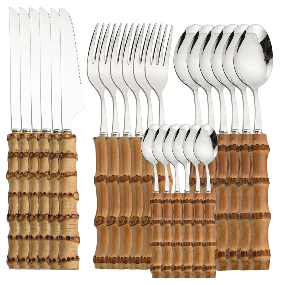 24-Piece Bamboo Tableware Set – Stainless Steel Cutlery with Natural Bamboo Handles, Flatware Set with Steak Knives