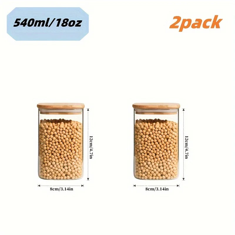 2/4 Pieces, 540ML/1000ML Glass Food Storage Jar with Bamboo Lid – Square Sealed Kitchen Container Set