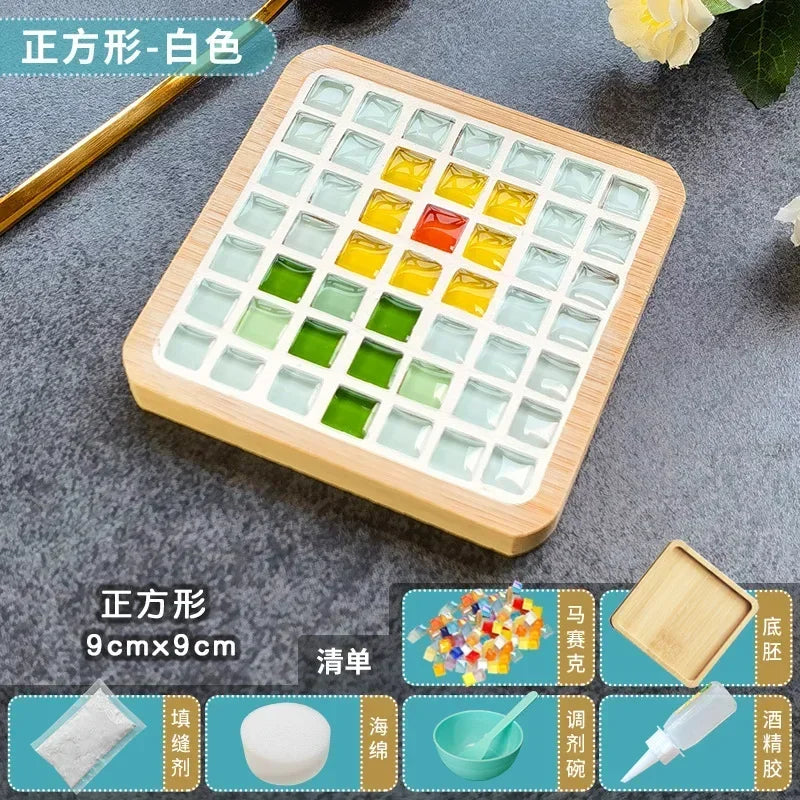 Handmade DIY Mosaic Cup Mat – Bamboo Pad Heart & Square Coaster for Parent-Child Early Education Crafting